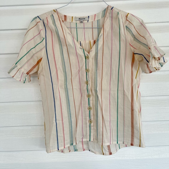 Madewell Vintage Ruffle-Sleeve Shirt in Rainbow Stripe XS - Picture 2 of 4